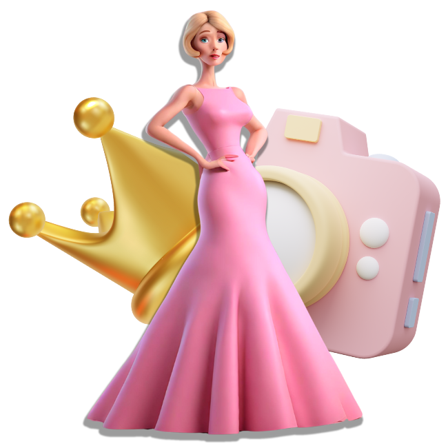 Figure in pink dress with crown and camera behind