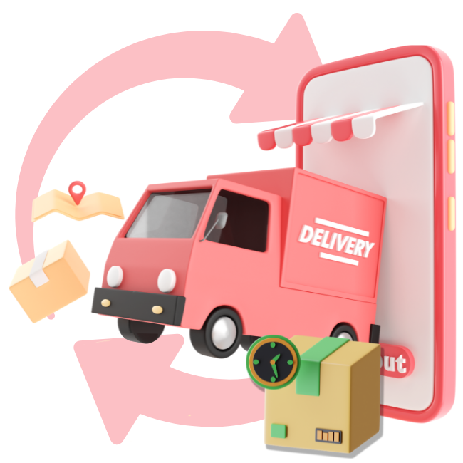 Pink delivery van coming out of a phone screen delivering parcels